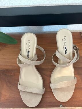 Fashion Nova Beige Suede Strappy Wedges